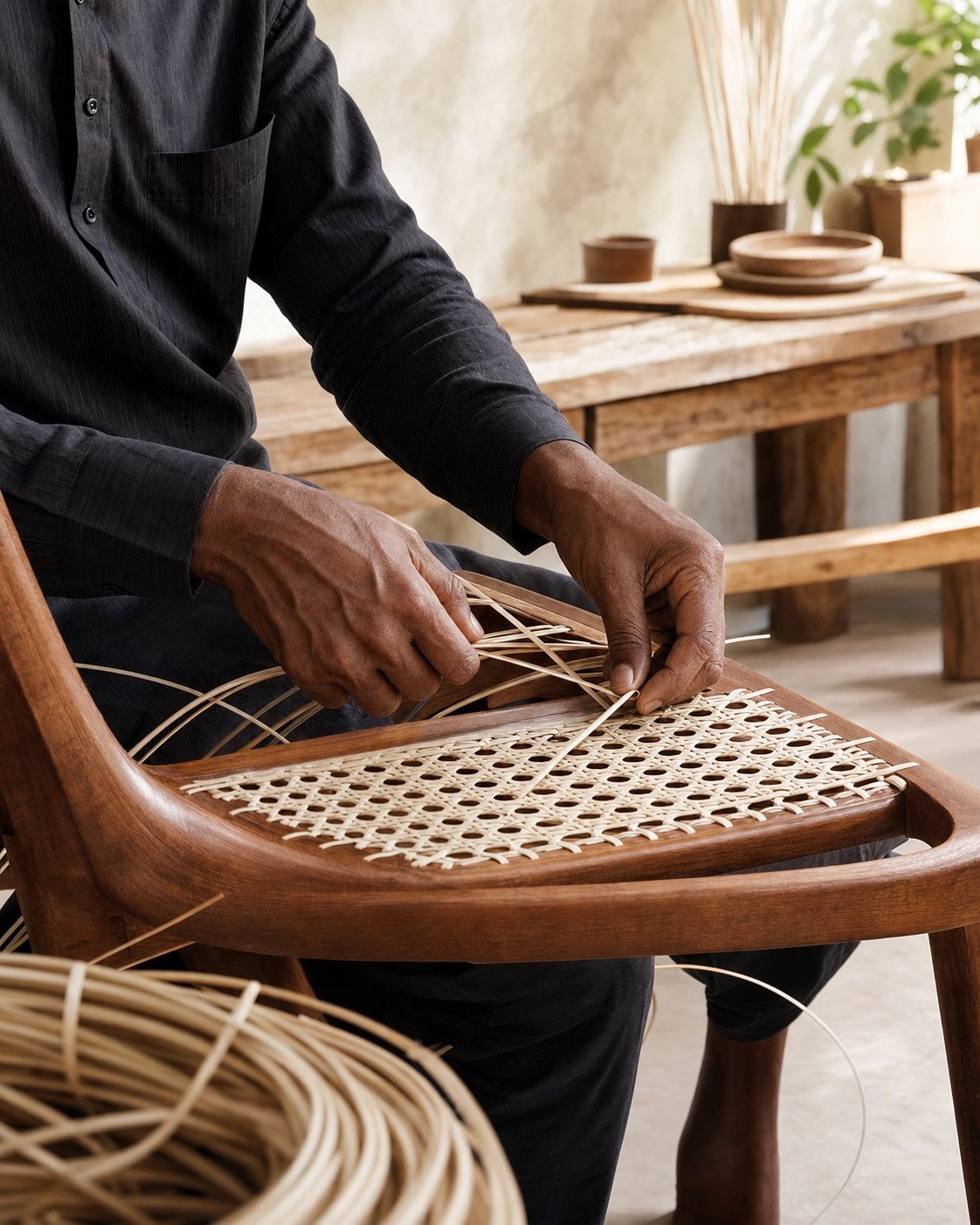 Artisan weaving natural cane into a hardwood chair frame