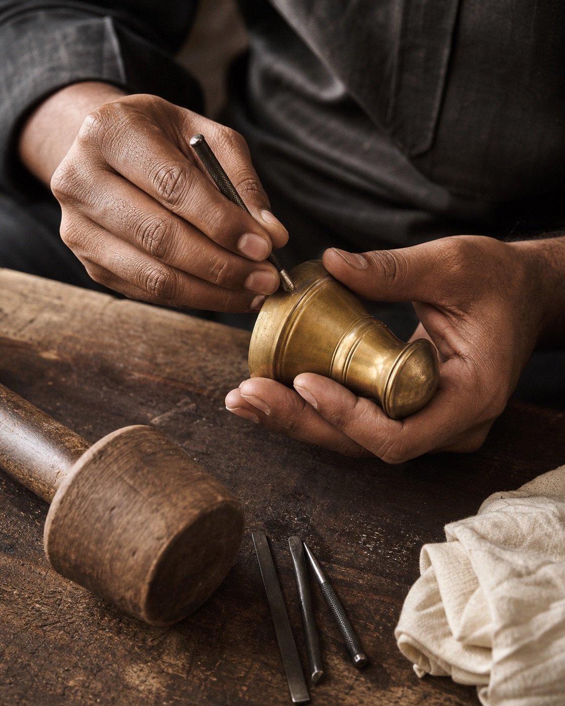 Artisan hands shaping a handcrafted brass object