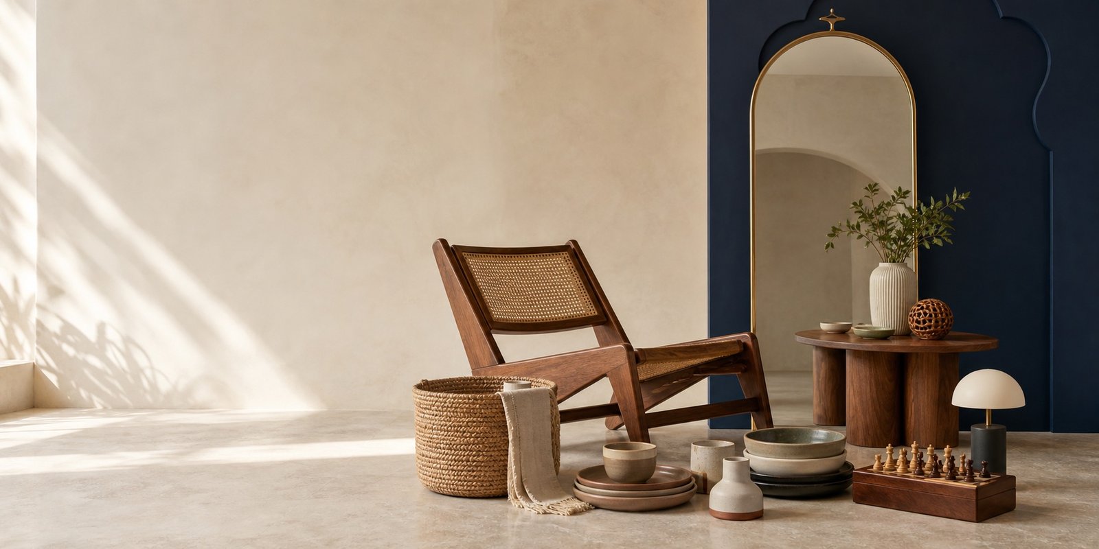 A considered collection of furniture, tableware, mirror, decor and traditional games