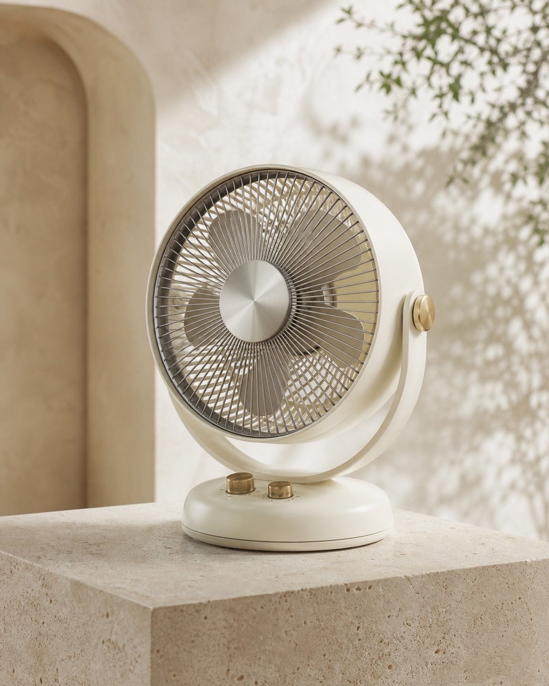 Compact cream desk fan with brass-toned controls