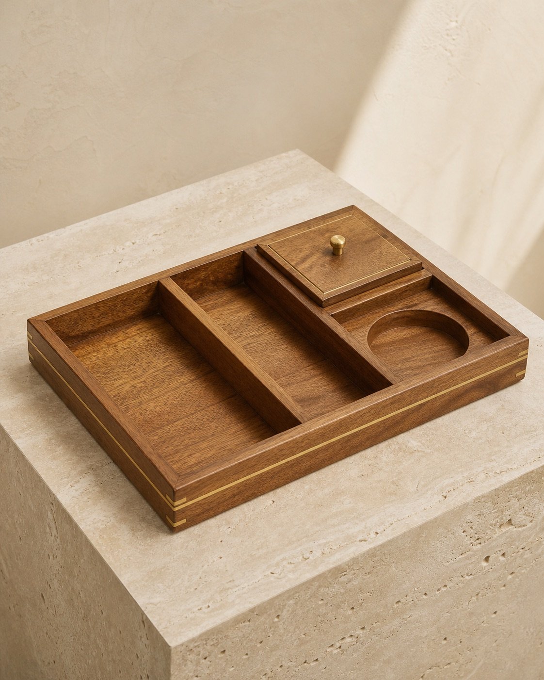 Custom mango wood hospitality tray with brass inlay