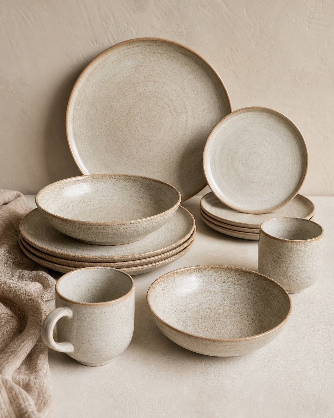 Neutral reactive-glaze stoneware dinner set on linen