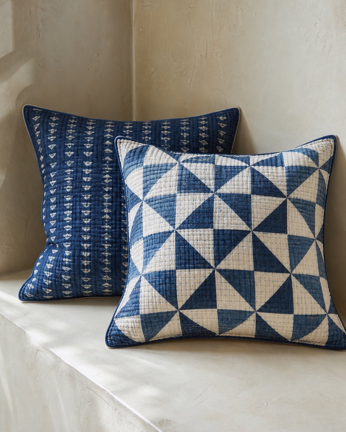 Pair of indigo block-printed cotton cushions