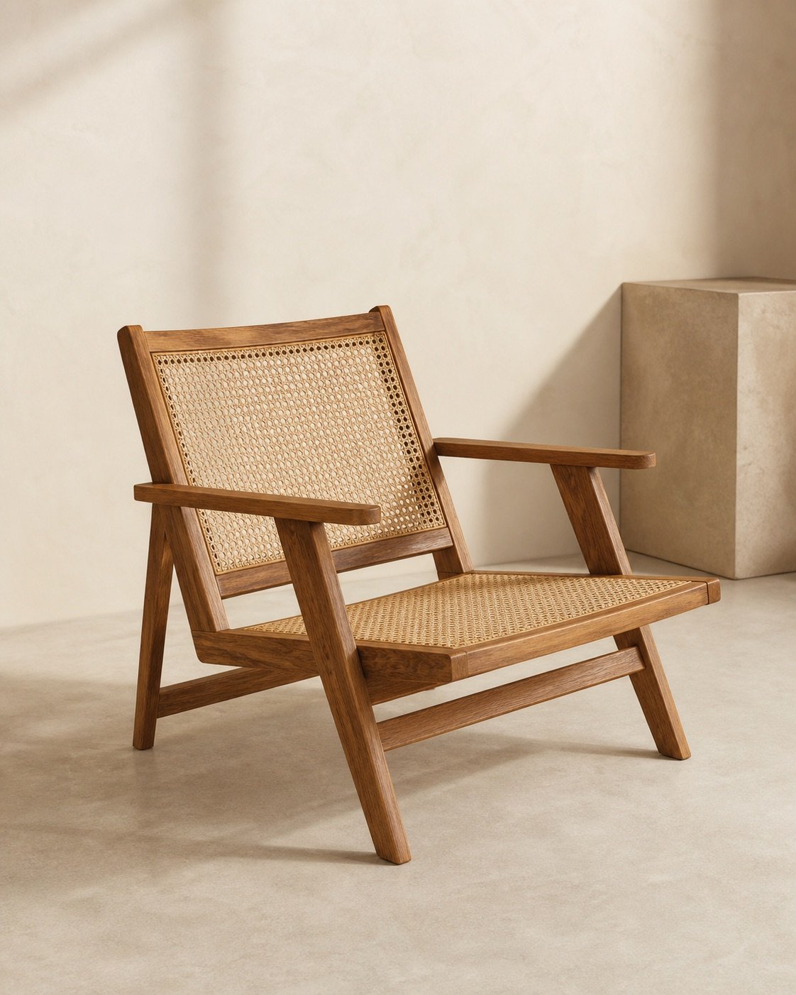 Natural cane lounge chair in a warm walnut finish