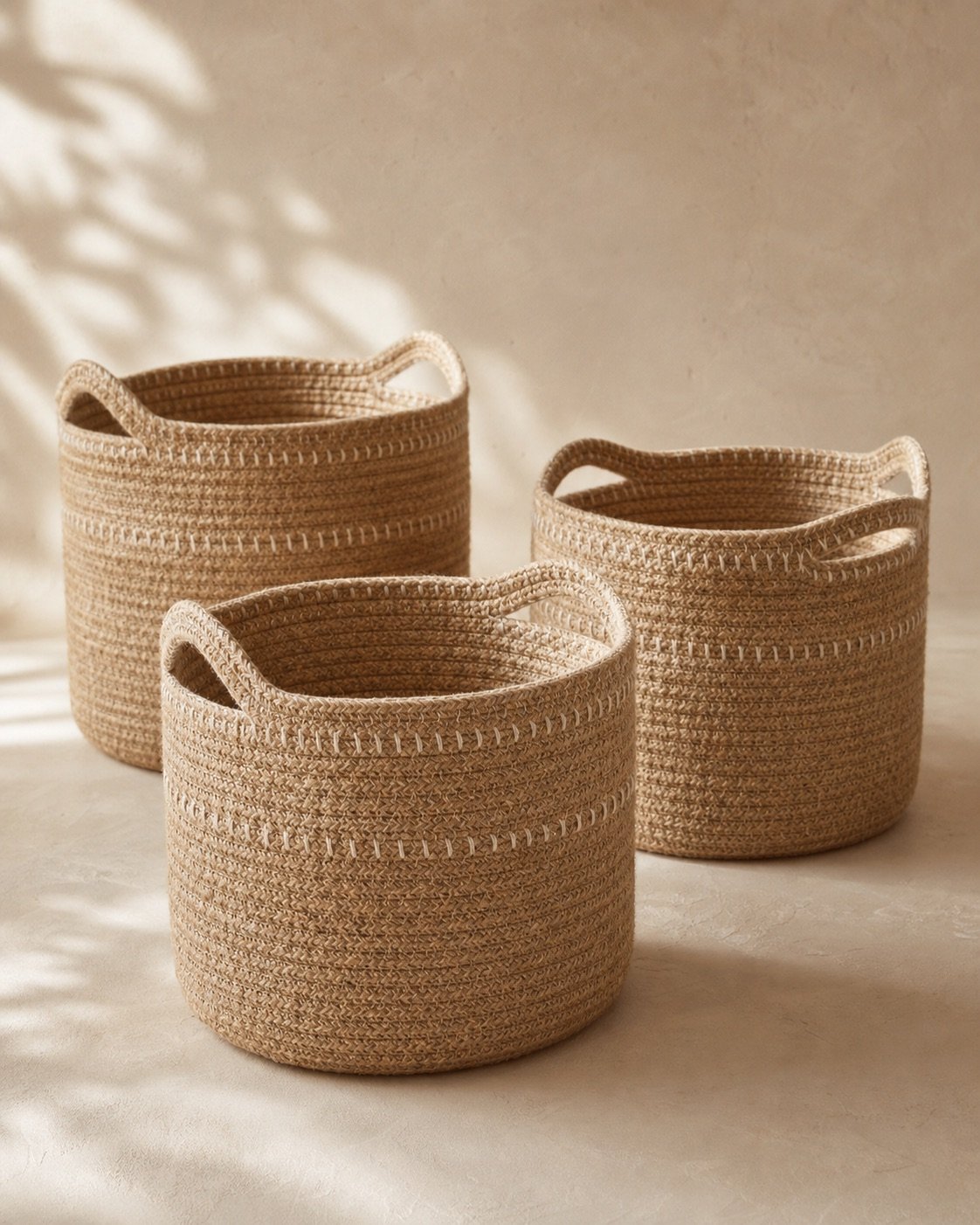 Set of three natural jute coil storage baskets