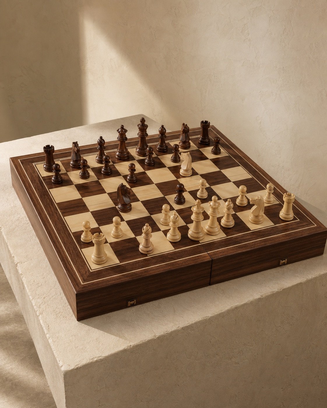 Sheesham chess board with hand-turned weighted pieces