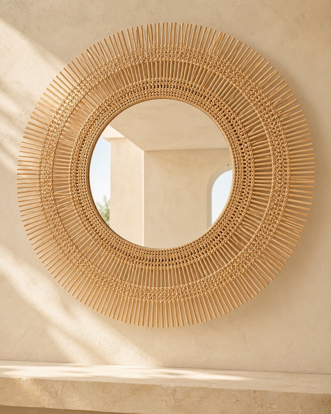 Round sunburst mirror woven from natural cane