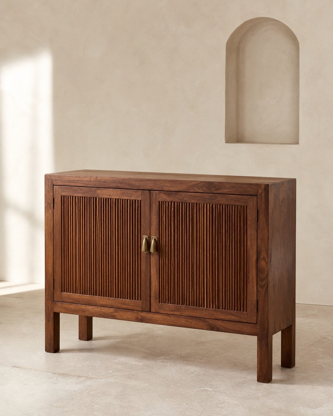 Carved mango wood console table with brass pulls